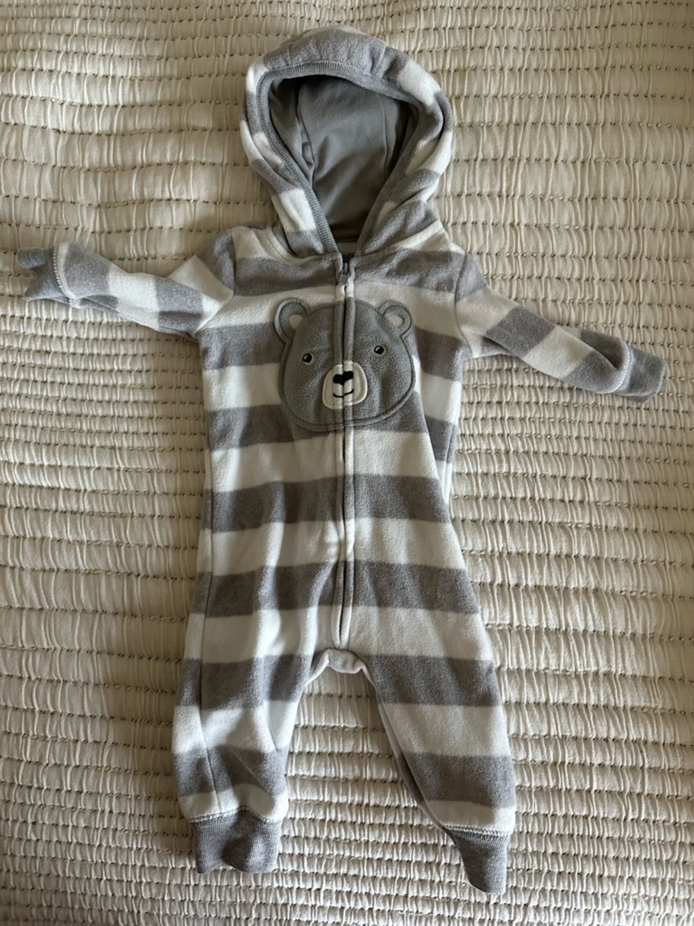 Carter's Gray & White Striped Hooded One-Piece with Bear Applique